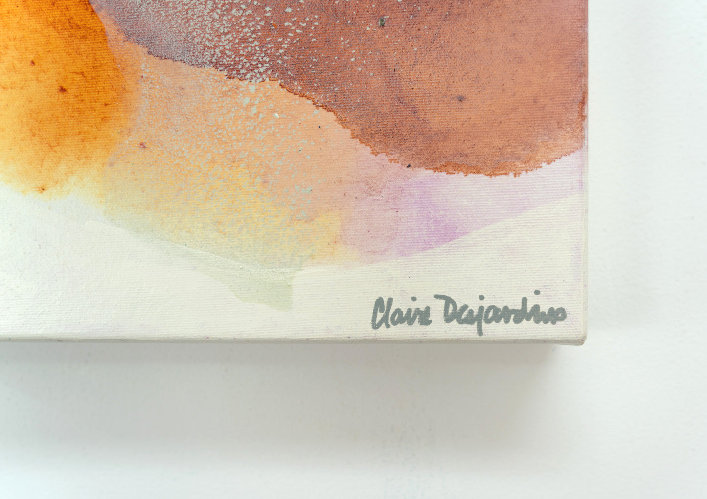 Close-up detail: artist signature on orange and violet colored abstract painting by abstract painter Claire Desjardins, "Sentient 04".