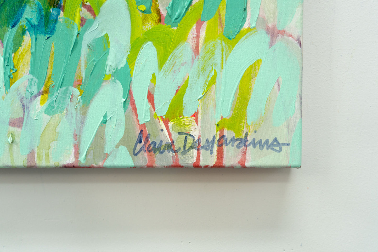 Detail: signature on textured floral abstract painting by artist Claire Desjardins.