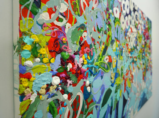 Textured abstract painting, The Big Send-Off, by artist Claire Desjardins.