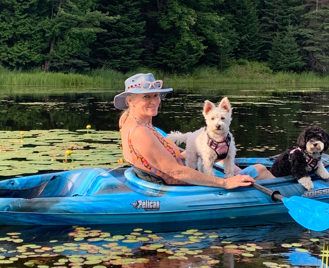 Abstract artist, Claire Desjardins, on kayak with dogs.