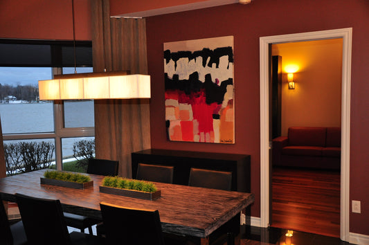 Abstract painting by artist Claire Desjardins in a residential setting.