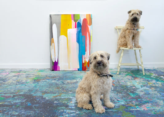 Studio dogs, Lily and Rosie, sit in the studio of abstract artist, Claire Desjardins, in front of one of her paintings.