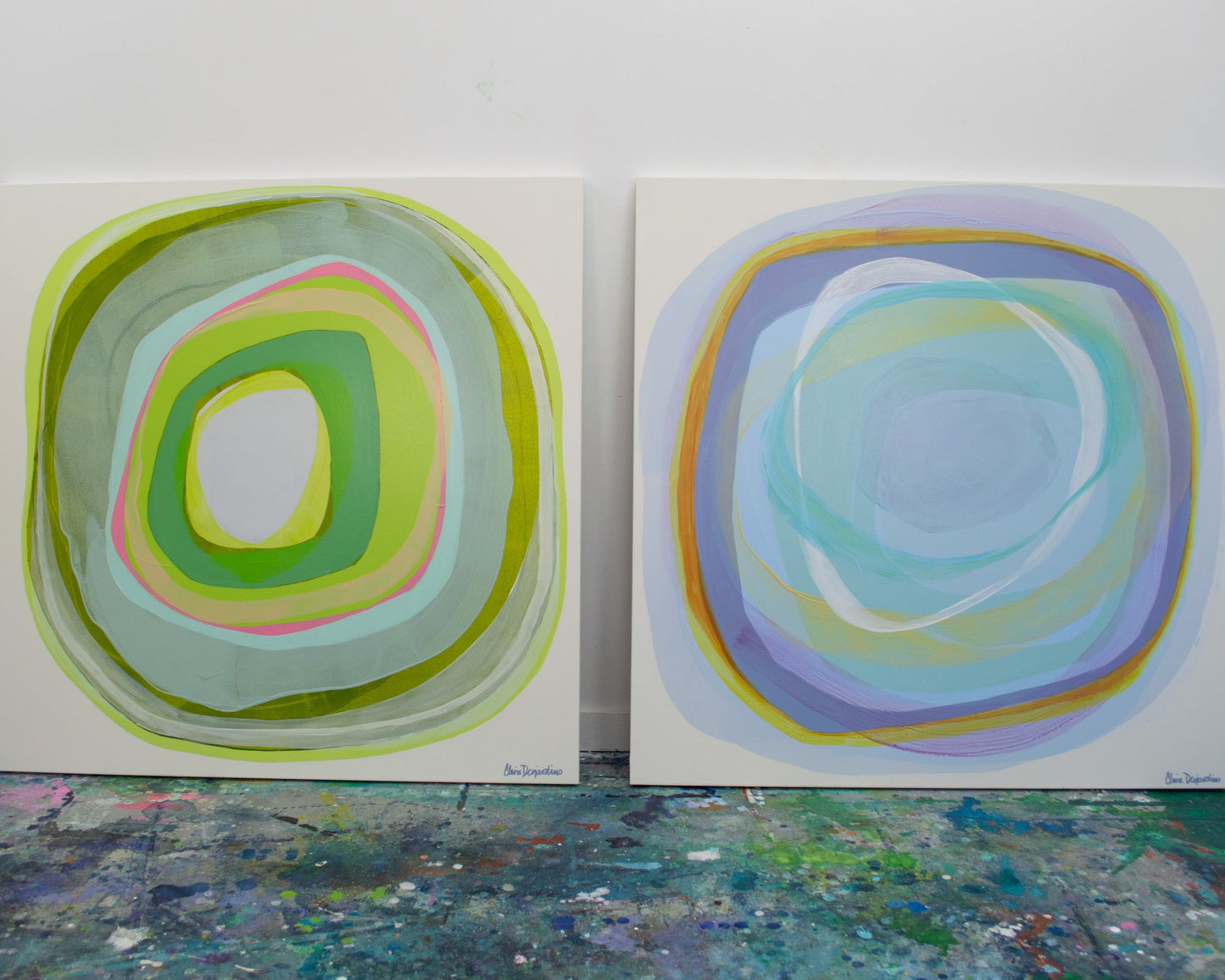 Two abstract paintings with concentric circles on a white wall.