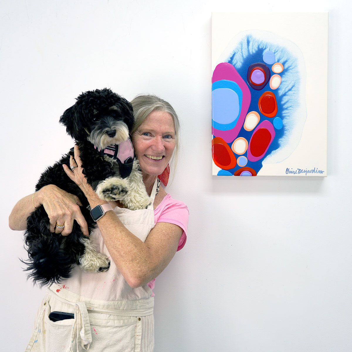Original abstract painting, hung on wall, Claire and puppy, Iris, for scale