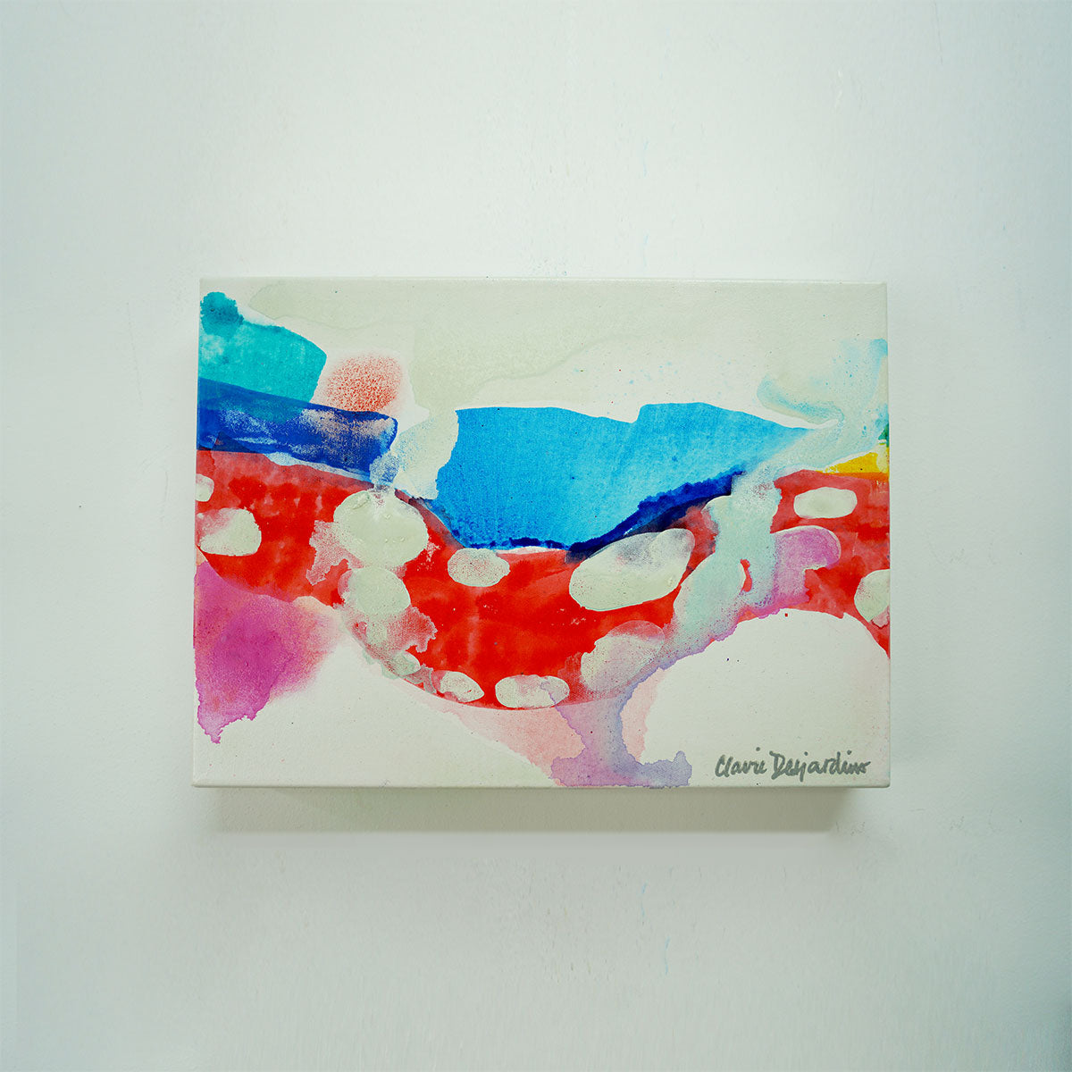 Original abstract painting, I Tiptoes Across, by Canadian abstract artist, Claire Desjardins. Hung on white studio wall.