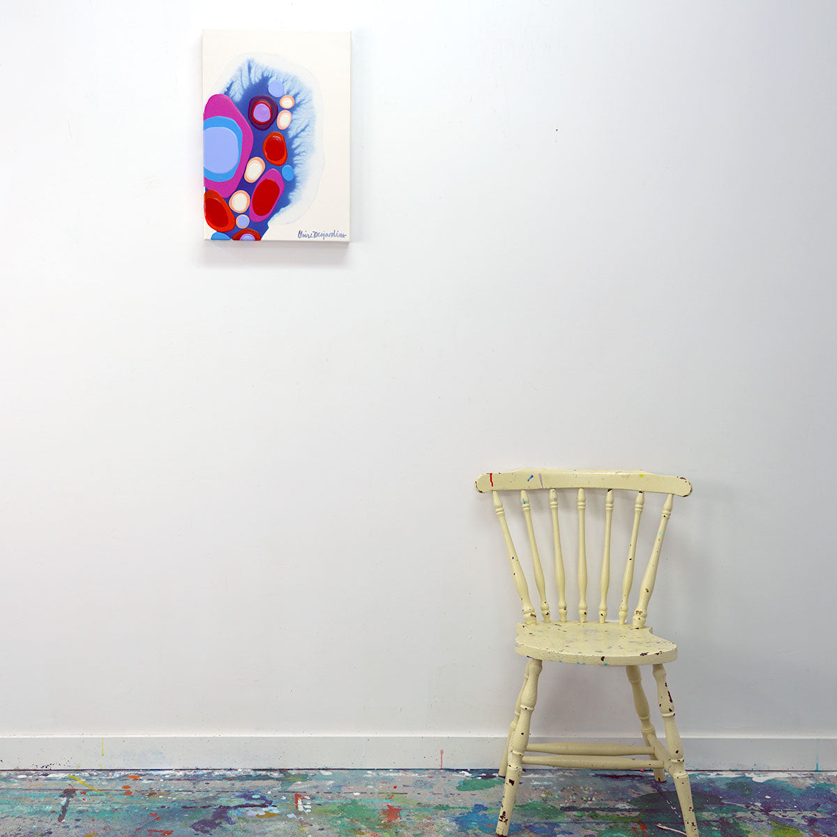 Original abstract painting, hung on wall, chair for scale