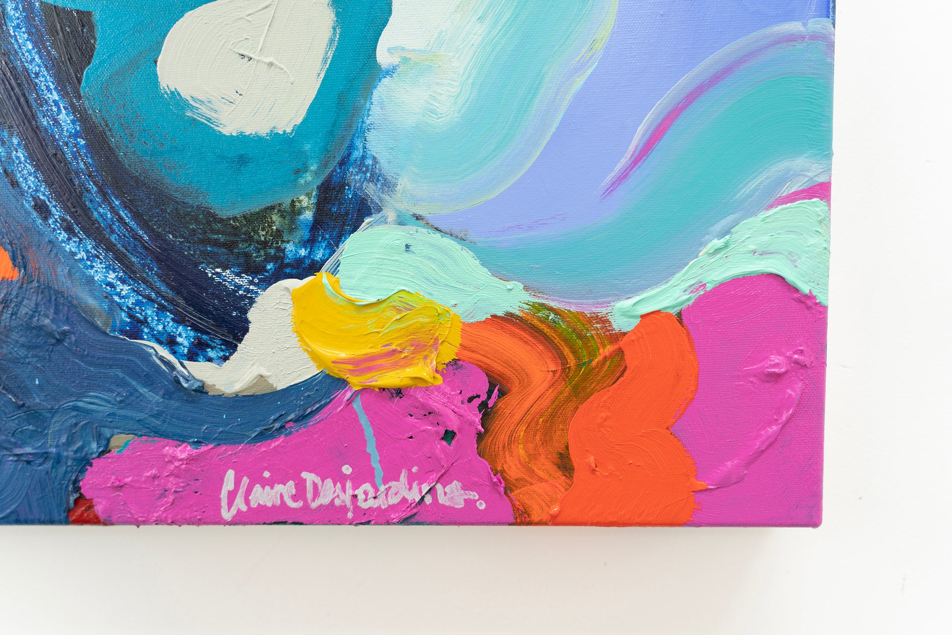 Detail image of signature of the abstract painting No Such Thing As Luck by Canadian artist, Claire Desjardins.