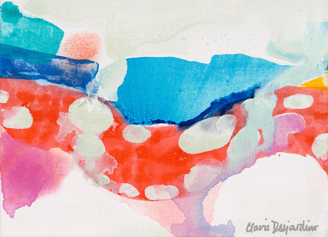 Red and blue abstract painting by artist Claire Desjardins.