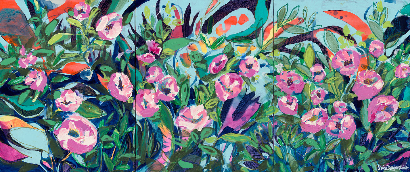 Abstract painting of pink peony flowers by artist Claire Desjardins.