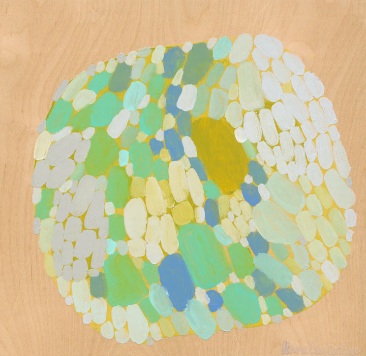 Original abstract painting by Canadian artist Claire Desjardins. A cluster of painted shapes in shades of light green and blue cover the centre of a square light wood canvas.
