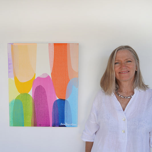 Canadian abstract painter, Claire Desjardins, next to her painting, Sa-weet 01.