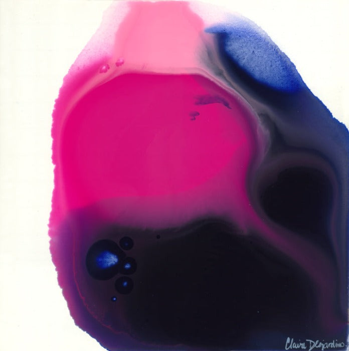Original abstract painting by Canadian artist, Claire Desjardins. One large, rounded shape, made of deep pink and purple colours bleeding together, takes over more than three thirds of the cream coloured background, from the bottom right corner.