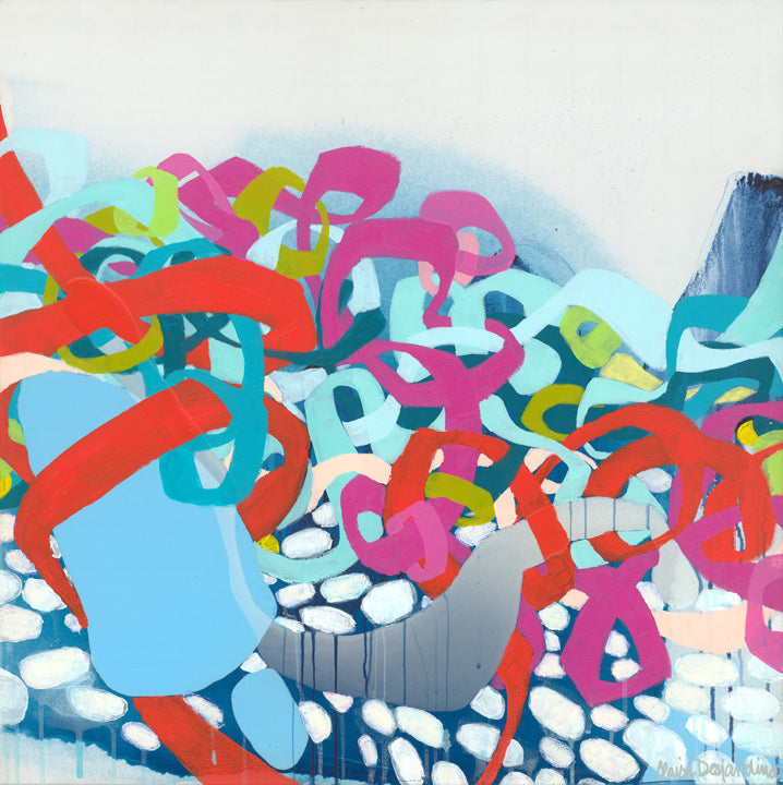 Original abstract painting by Claire Desjardins. Steel blue pain drips from the bottom half of the painting and cobblestone patterns are painted onto it in shades of white and grey. Opaque coloured ribbons of fuchsia, chartreuse, orange and cyan dance and intertwine horizontally across the canvas.