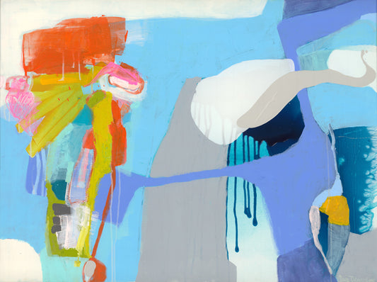 Original abstract painting by Canadian artist Claire Desjardins. A vertical cluster of jagged shapes in pink, orange and yellow are on the left of the canvas, while the rest of the space is filled with flowing shades of grey and pastel blues.