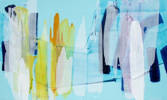 Original abstract painting by Canadian artist, Claire Desjardins. Yellow, white and navy blue paints are streaked vertically on a light cyan background.