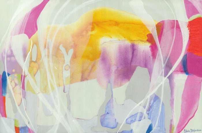 Original abstract painting by Canadian artist, Claire Desjardins. Yellow and pink are strewn horizontally across the painting and thin white paint lines swirl on top of them. There are orange and lavender accents around the edges of the canvas.