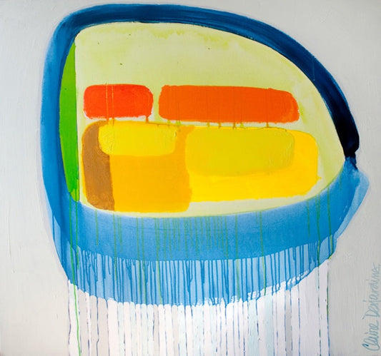 Original abstract painting by Canadian artist Claire Desjardins. One large, rough circular shape in the centre of a square canvas outlined in blues which drip down to the bottom of the canvas. The center of the shape is yellow and orange rounded rectangles. 