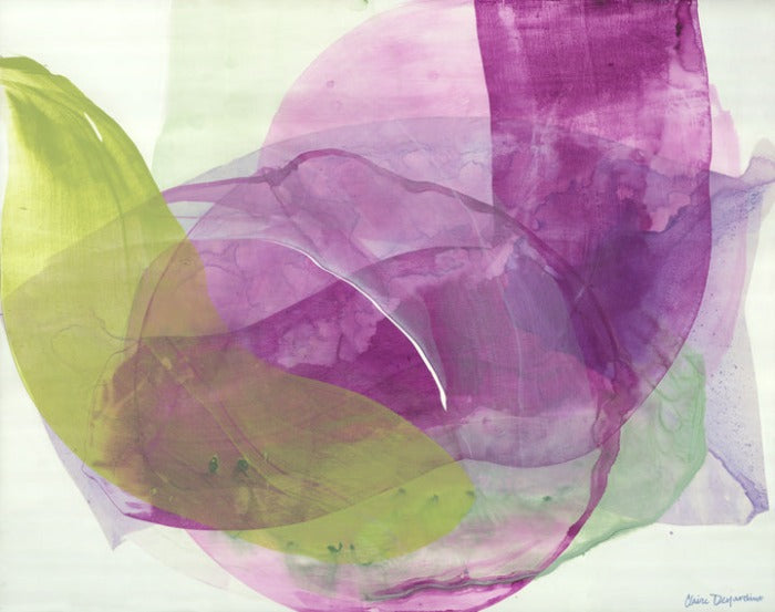 Original abstract painting by Canadian artist, Claire Desjardins. Translucent purple and leaf green paint is strewn across the canvas like thin silks on a marble countertop.