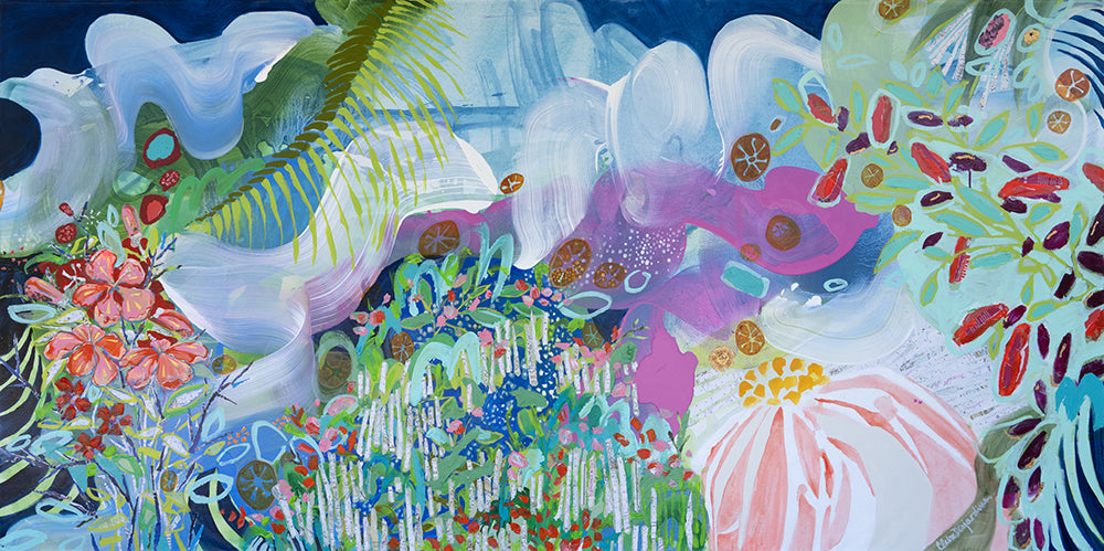 Abstract collage painting by artist / painter Claire Desjardins: "My Tropical Paradise".