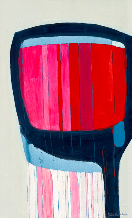 Original abstract painting by Canadian artist, Claire Desjardins. One large rounded square shape takes up three quarters of this canvas. It is outlined in a thick navy blue border and contains strips of red and shades of pink.