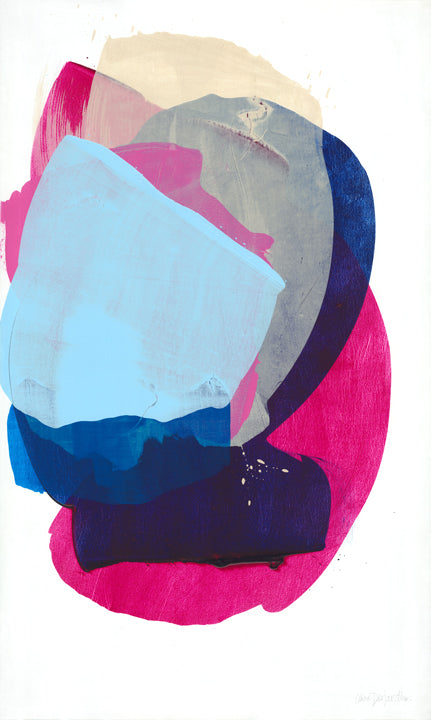 Original abstract painting by Canadian artist, Claire Desjardins. Overlapping fuchsia, navy blue, sky blue, and beige shapes are painted at the centre of a white canvas.